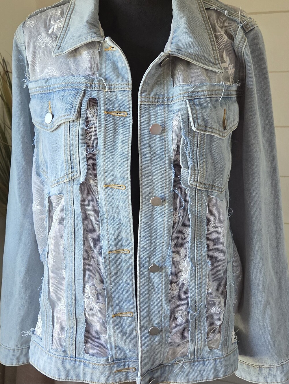 DAVI & DANI Light Blue Denim Jacket Lace Panels Distressed Jean Coat Shacket 1XL